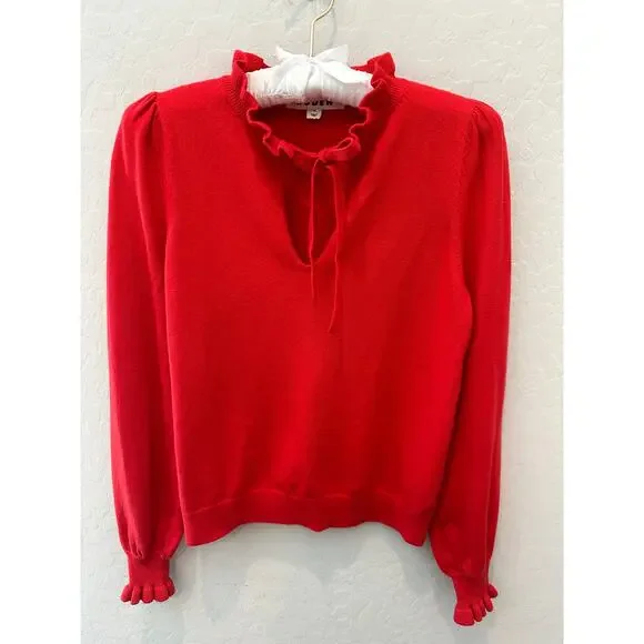 Boden Sweaters Boden Red Ruffle Keyhole Neck Cotton Wool Blend